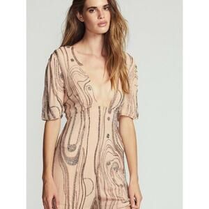 Free People Stone River Champagne Beaded Plunging Neck Romper 2 NWT